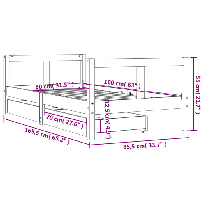 Cadru de pat copii cu sertare, negru, 80x160 cm, lemn masiv pin WALTI