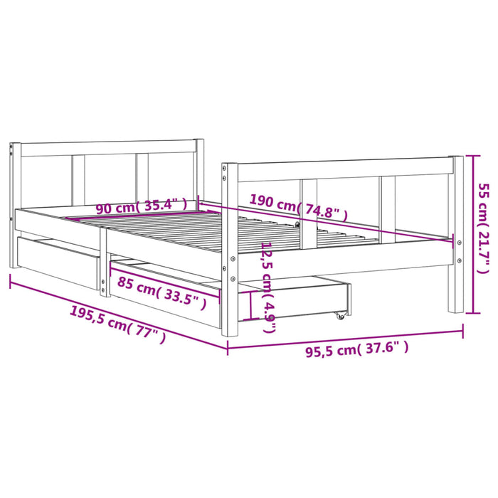 Cadru de pat copii cu sertare, negru, 90x190 cm, lemn masiv pin - WALTI WALTI
