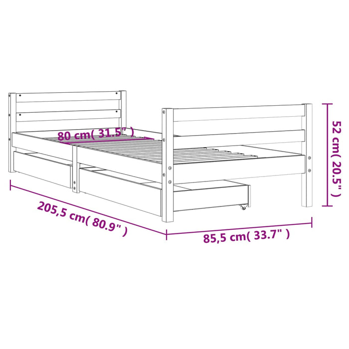 Cadru pat copii cu sertare, 80x200 cm, lemn masiv de pin WALTI