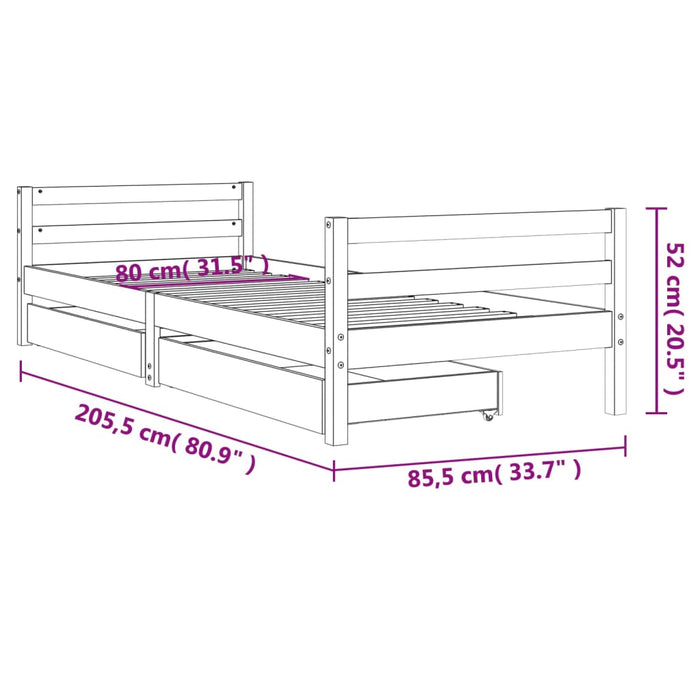 Cadru pat copii cu sertare, alb, 80x200 cm, lemn masiv de pin - WALTI WALTI