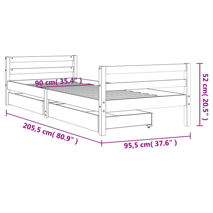 Cadru de pat copii cu sertare, negru, 90x200 cm, lemn masiv pin - WALTI WALTI