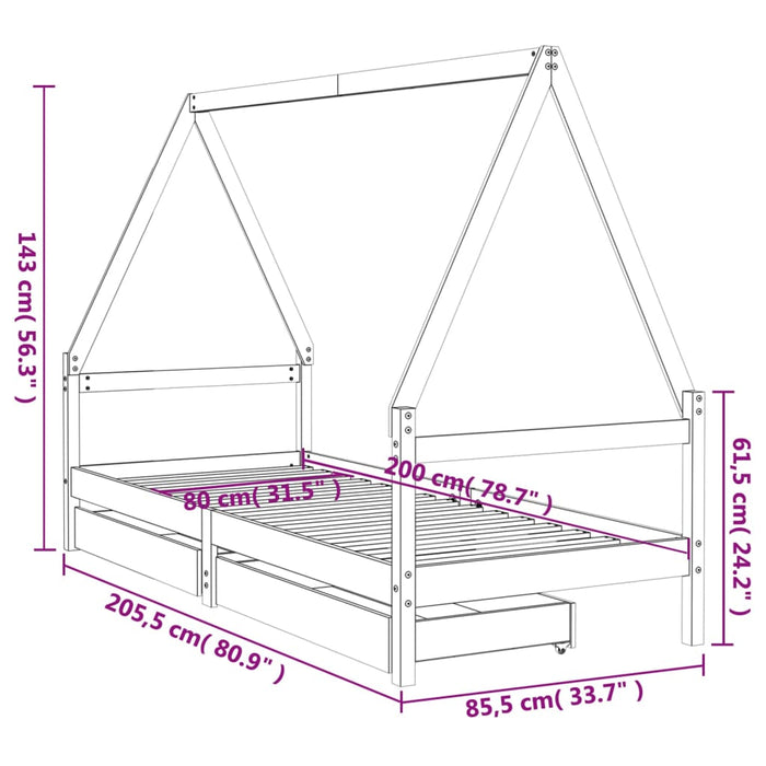 Cadru pat copii cu sertare, 80x200 cm, lemn masiv de pin - WALTI WALTI