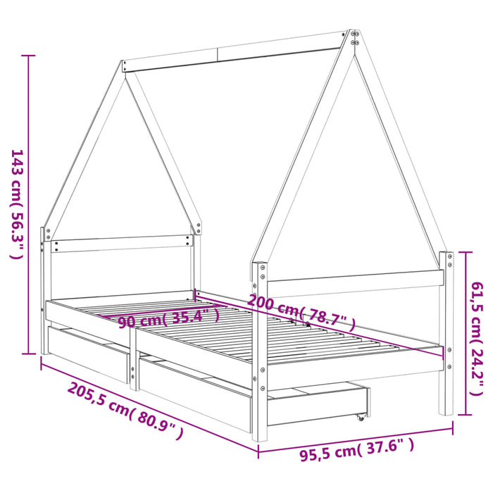 Cadru de pat cu sertare de copii, alb, 90x200 cm lemn masiv pin - WALTI WALTI