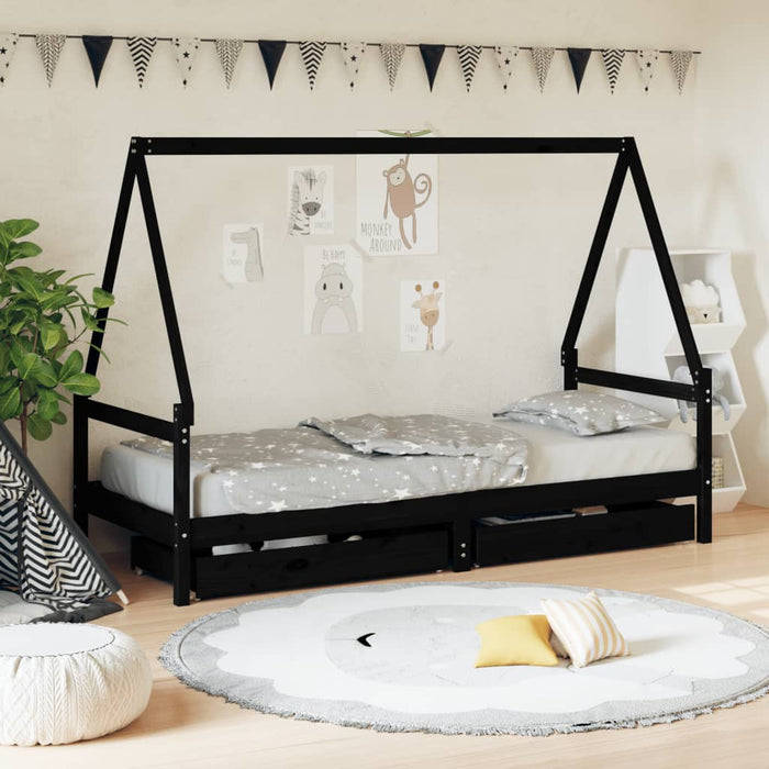 Cadru de pat copii cu sertare, negru, 90x200 cm, lemn masiv pin - WALTI WALTI