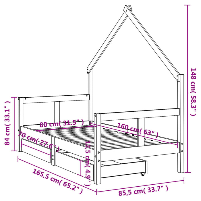 Cadru de pat copii cu sertare, alb, 80x160 cm, lemn masiv pin - WALTI WALTI