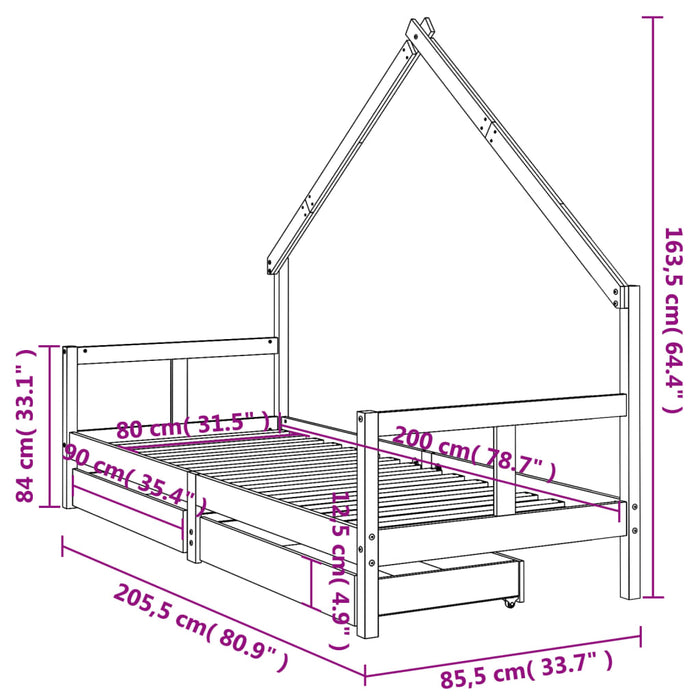 Cadru pat copii cu sertare, 80x200 cm, lemn masiv de pin - WALTI WALTI