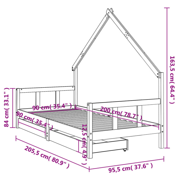 Cadru de pat cu sertare de copii, alb, 90x200 cm lemn masiv pin - WALTI WALTI