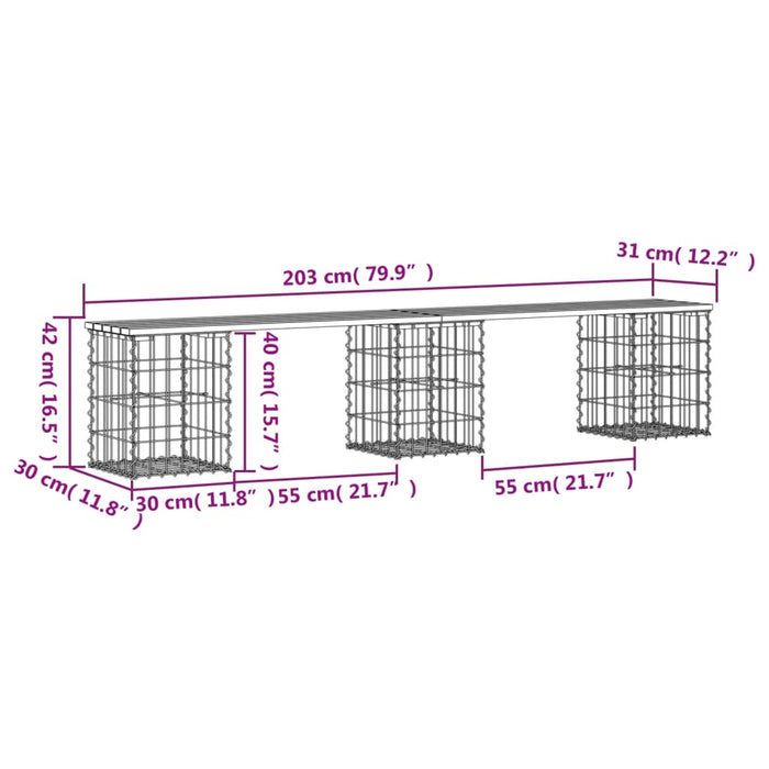 Bancă grădină, design gabion, 203x31x42 cm, lemn pin impregnat - WALTI WALTI