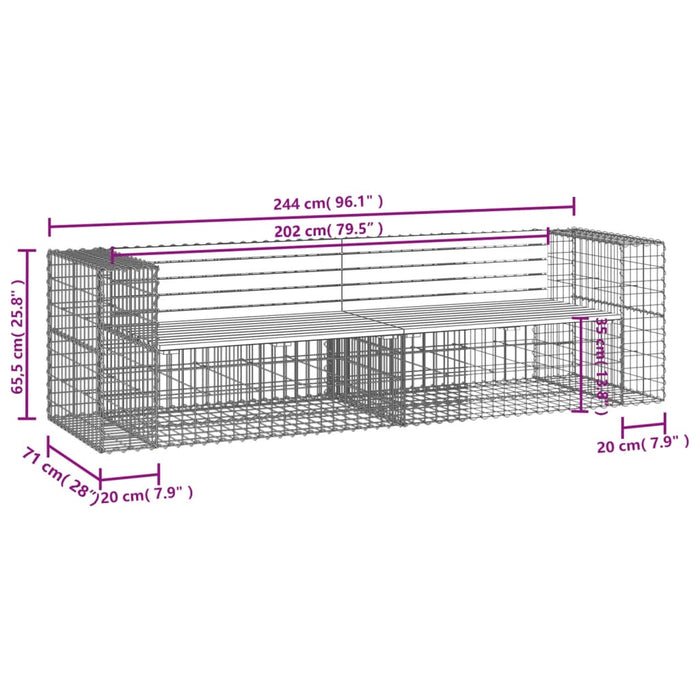 Bancă de grădină cu gabion, 244x71x65,5 cm, lemn masiv de pin - WALTI WALTI