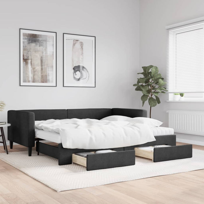 Pat de zi cu extensie și sertare, negru, 90x190cm, textil - WALTI WALTI