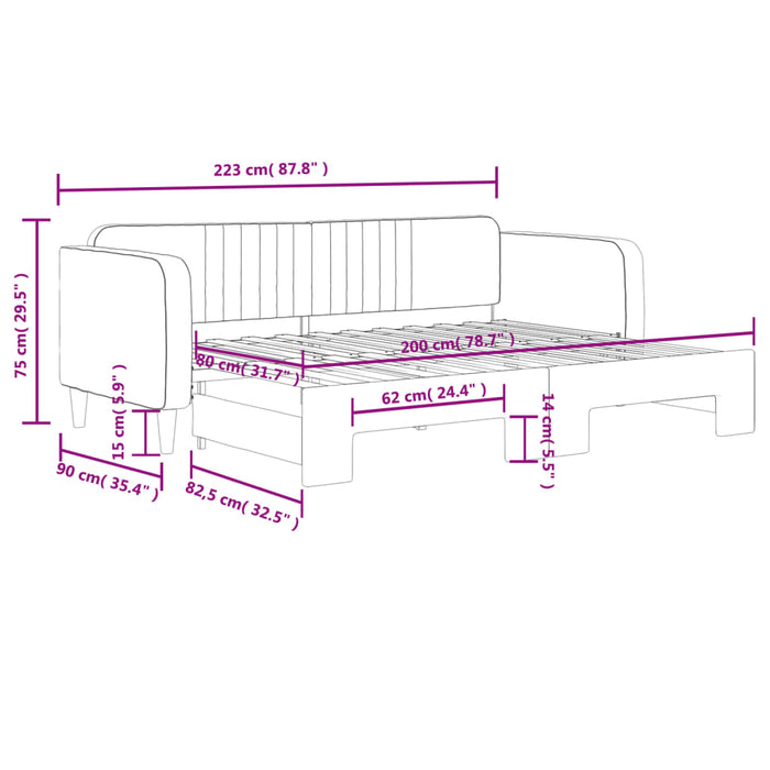 Pat de zi cu extensie, gri deschis, 80x200 cm, catifea WALTI