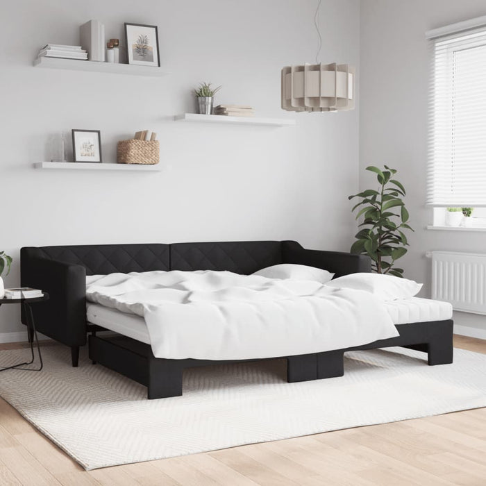 Pat de zi cu extensie și saltele, negru, 100x200 cm, textil - WALTI WALTI