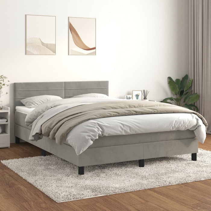 Pat box spring cu saltea, gri deschis, 140x190 cm, catifea - WALTI WALTI
