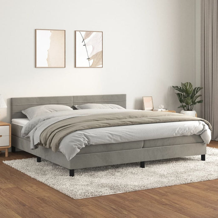 Pat box spring cu saltea, gri deschis, 200x200 cm, catifea - WALTI WALTI