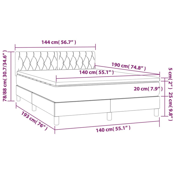 Pat box spring cu saltea, gri deschis, 140x190 cm, catifea - WALTI WALTI