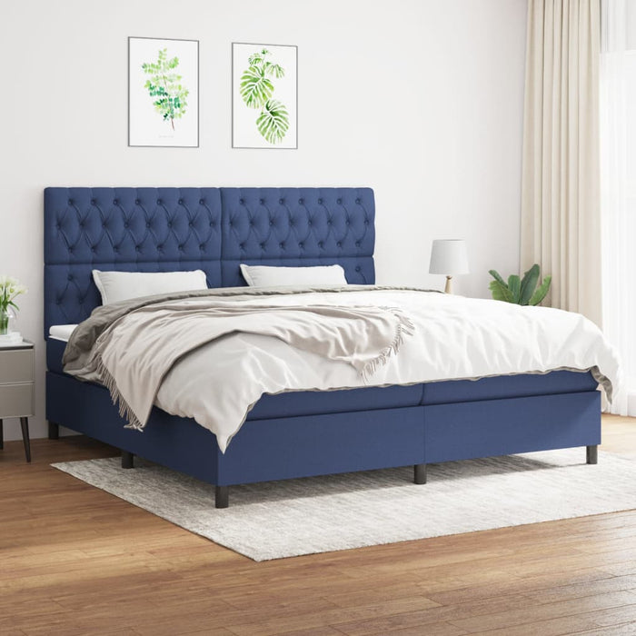 Pat box spring cu saltea, albastru, 200x200 cm, textil - WALTI WALTI