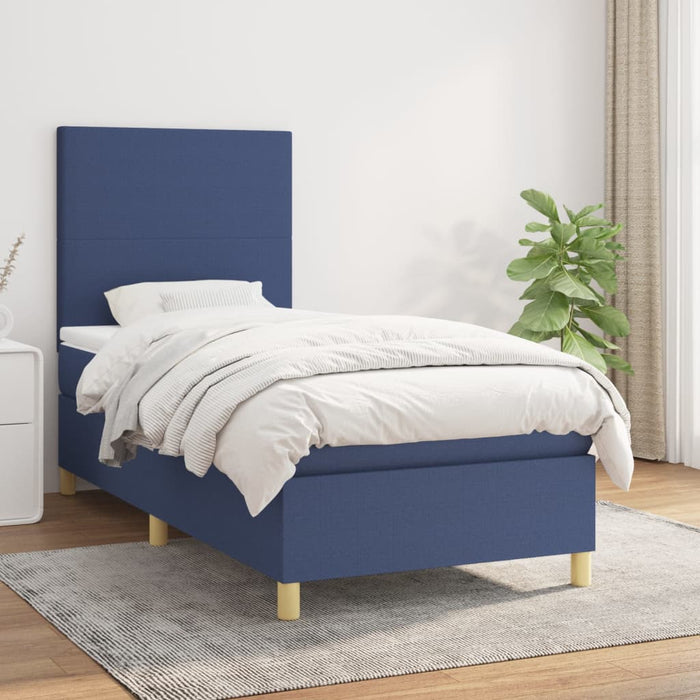 Pat box spring cu saltea, albastru, 90x190 cm, textil WALTI