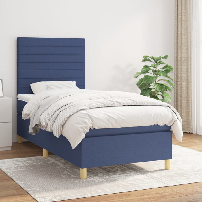 Pat box spring cu saltea, albastru, 90x190 cm, textil WALTI