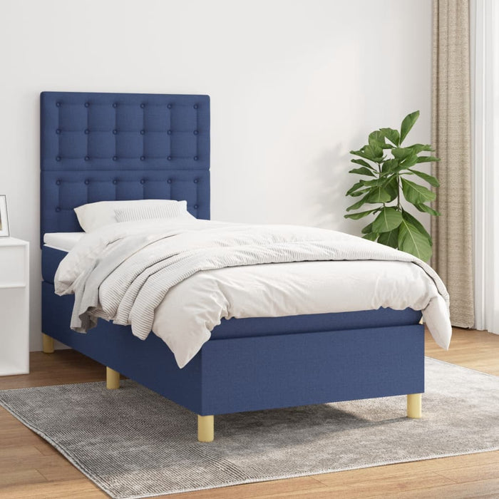 Pat box spring cu saltea, albastru, 90x190 cm, textil WALTI