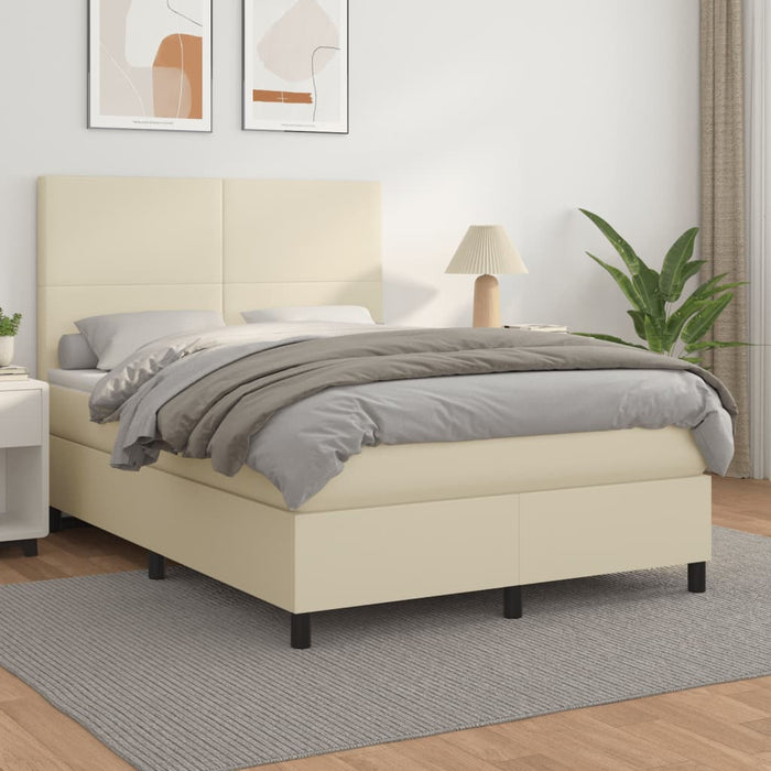 Pat box spring cu saltea, crem, 140x190 cm, piele ecologică WALTI