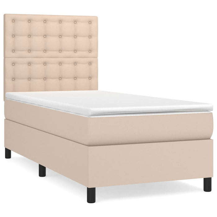 Pat box spring cu saltea, cappuccino, 90x190 cm piele ecologică WALTI