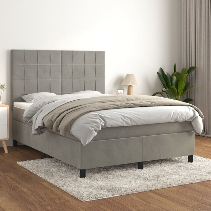 Pat box spring cu saltea, gri deschis, 140x190 cm, catifea - WALTI WALTI