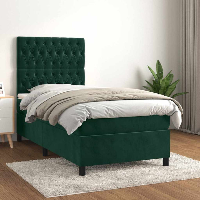 Pat box spring cu saltea, verde închis, 80x200 cm, catifea WALTI