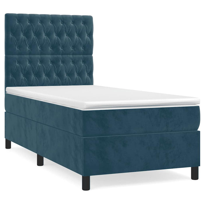 Pat box spring cu saltea, albastru închis, 90x190 cm, catifea WALTI