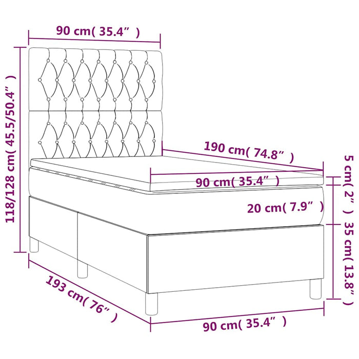 Pat box spring cu saltea, albastru închis, 90x190 cm, catifea WALTI
