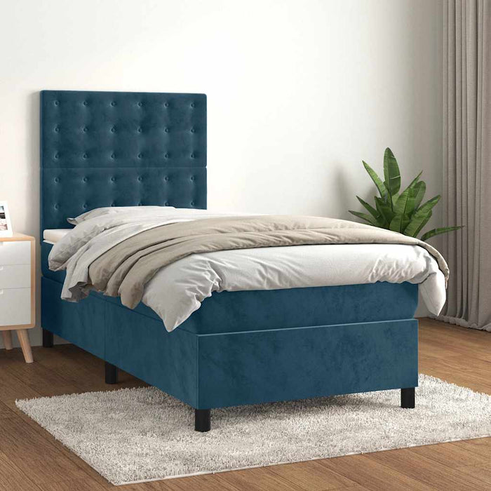 Pat box spring cu saltea, albastru închis, 100x200 cm, catifea - WALTI WALTI