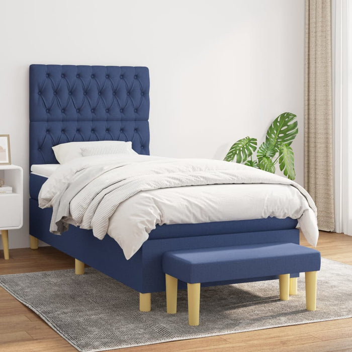 Pat box spring cu saltea, albastru, 100x200 cm, textil WALTI