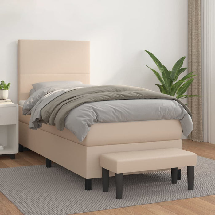 Pat box spring cu saltea, cappuccino, 90x200 cm piele ecologică WALTI