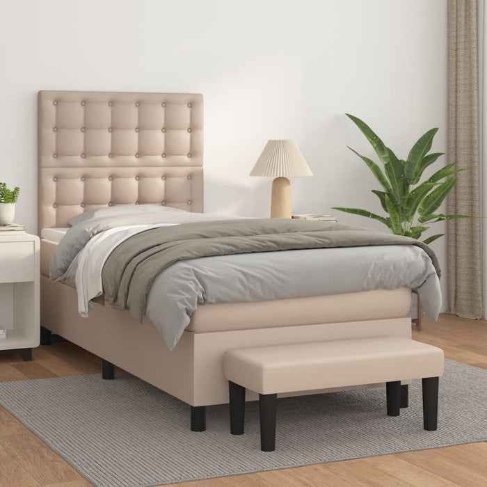 Pat box spring cu saltea, cappuccino, 90x190 cm piele ecologică WALTI
