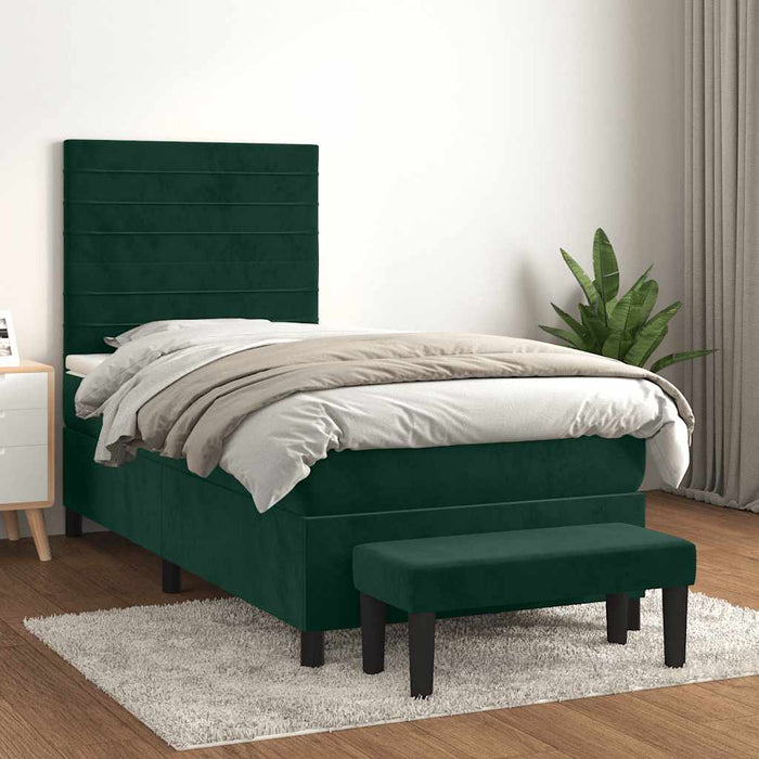 Pat box spring cu saltea, verde închis, 90x190 cm, catifea WALTI