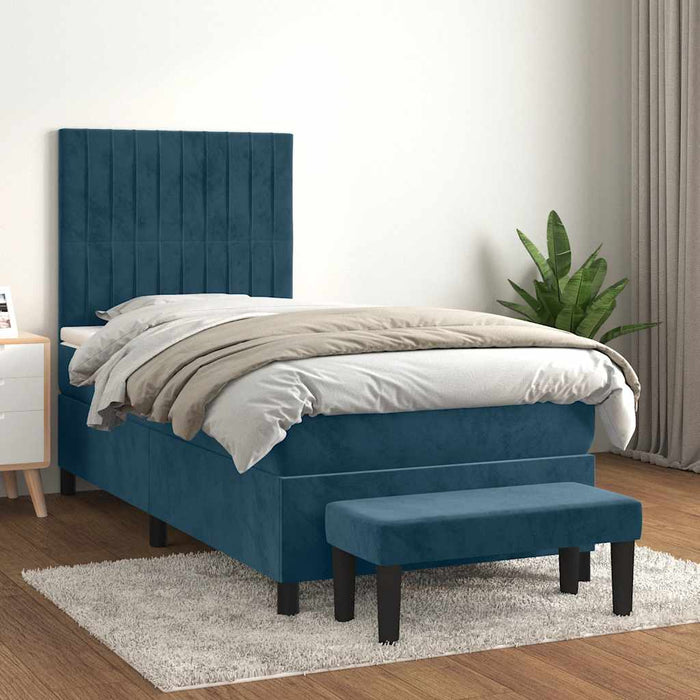 Pat box spring cu saltea, albastru închis, 80x200 cm, catifea WALTI