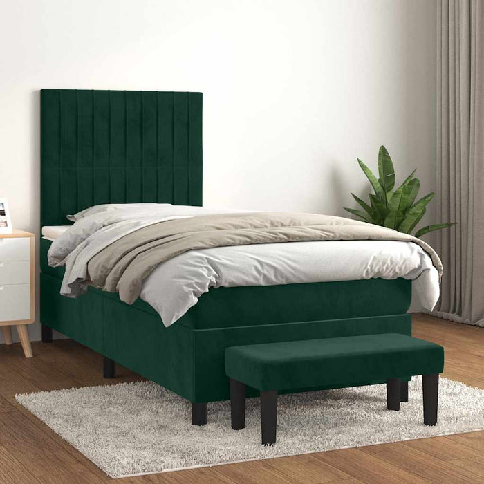 Pat box spring cu saltea, verde închis, 90x190 cm, catifea WALTI