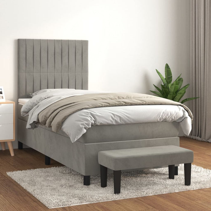 Pat box spring cu saltea, gri deschis, 90x200 cm, catifea - WALTI WALTI