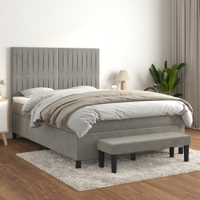 Pat box spring cu saltea, gri deschis, 140x190 cm, catifea - WALTI WALTI