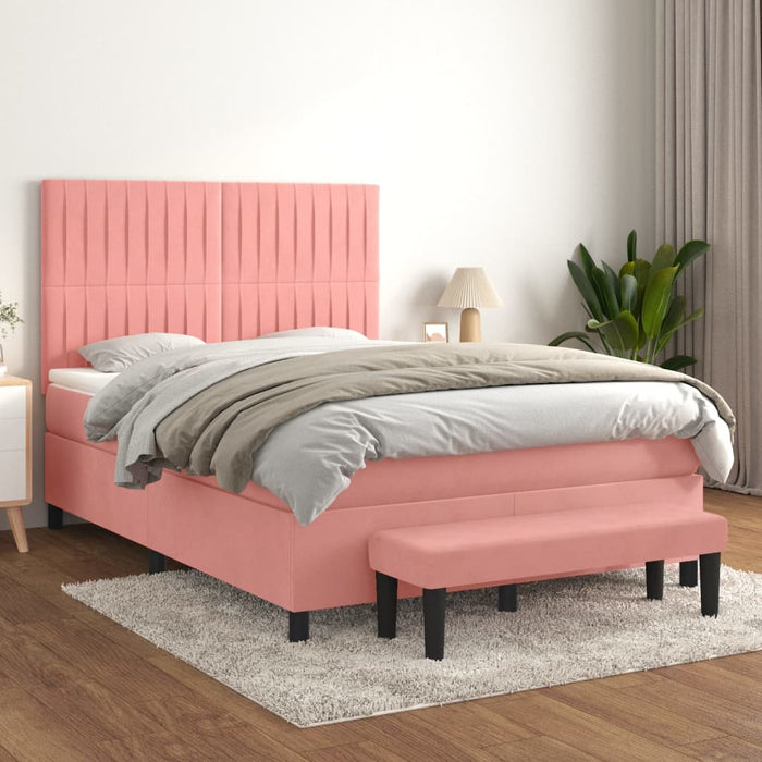 Pat box spring cu saltea, roz, 140x200 cm, catifea - WALTI WALTI