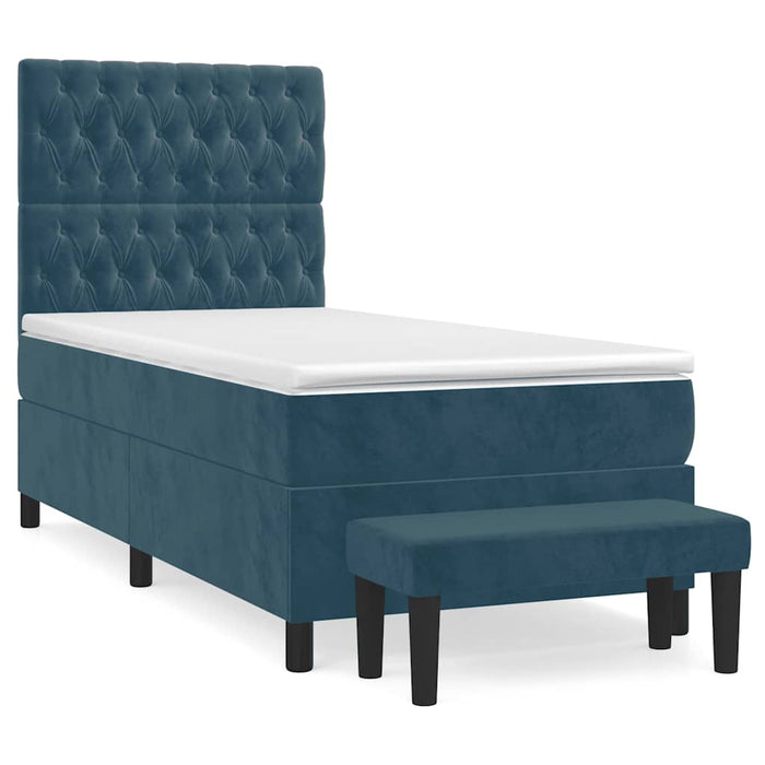 Pat box spring cu saltea, albastru închis, 90x190 cm, catifea WALTI