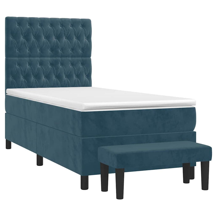 Pat box spring cu saltea, albastru închis, 90x190 cm, catifea WALTI