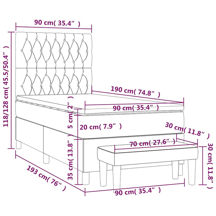 Pat box spring cu saltea, albastru închis, 90x190 cm, catifea WALTI