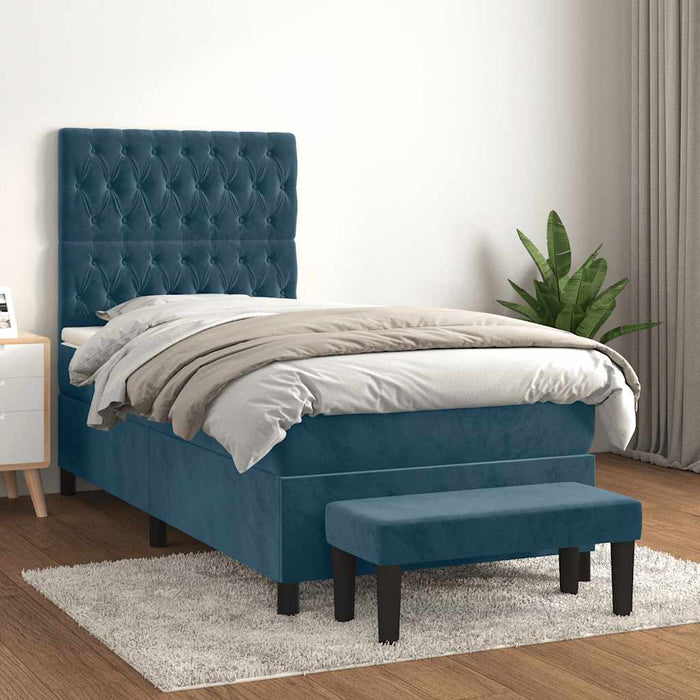 Pat box spring cu saltea, albastru închis, 90x190 cm, catifea WALTI