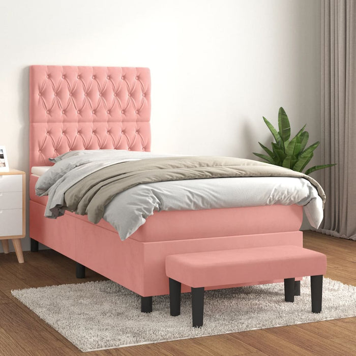Pat box spring cu saltea, roz, 90x190 cm, catifea - WALTI WALTI