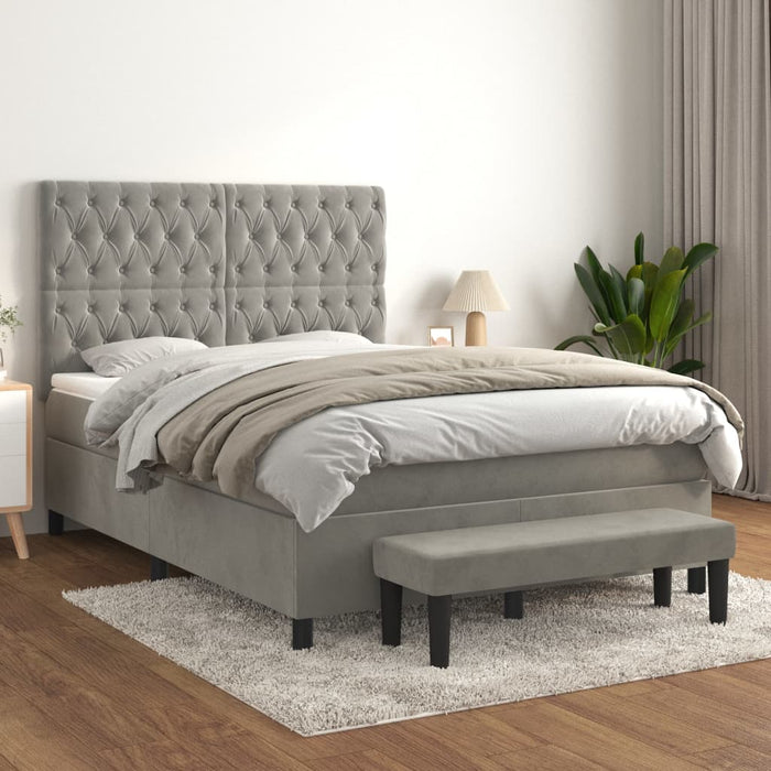 Pat box spring cu saltea, gri deschis, 140x190 cm, catifea - WALTI WALTI