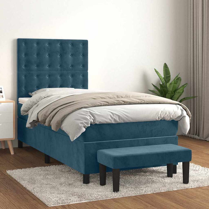 Pat box spring cu saltea, albastru închis, 100x200 cm, catifea - WALTI WALTI