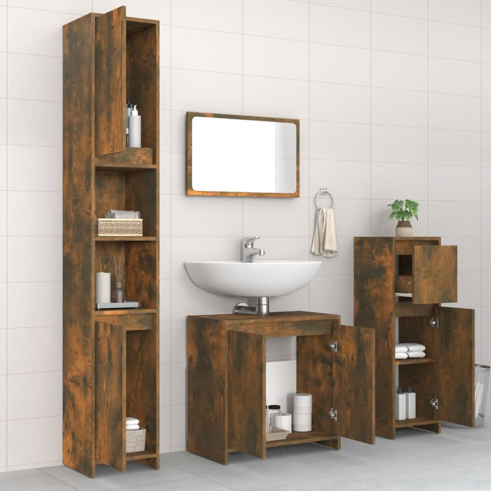 Set mobilier de baie, 4 piese, stejar fumuriu, lemn prelucrat - WALTI WALTI