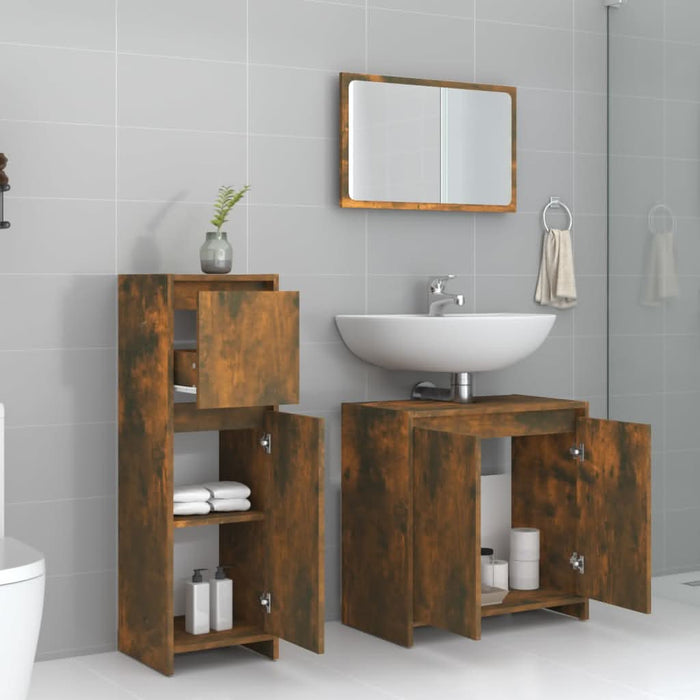 Set mobilier de baie, 3 piese, stejar fumuriu, lemn prelucrat - WALTI WALTI