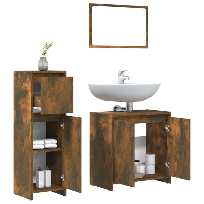 Set mobilier de baie, 3 piese, stejar fumuriu, lemn prelucrat - WALTI WALTI