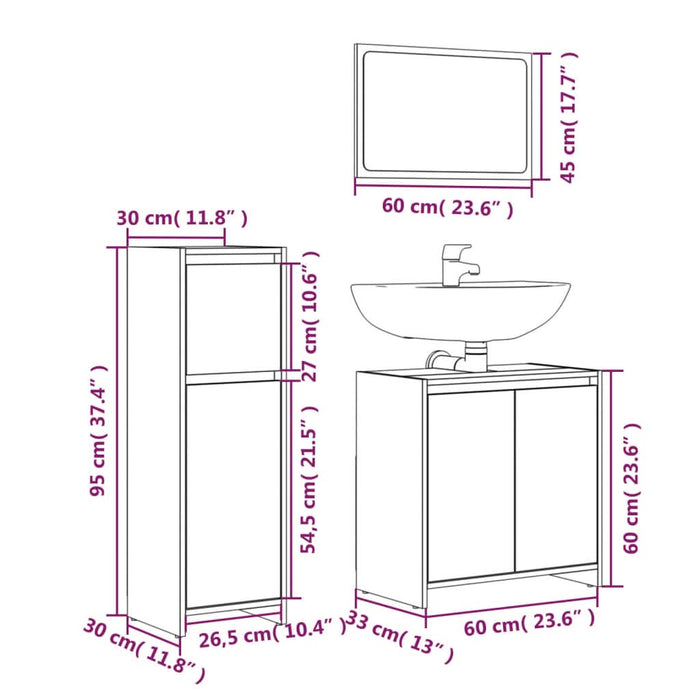 Set mobilier de baie, 3 piese, stejar fumuriu, lemn prelucrat - WALTI WALTI
